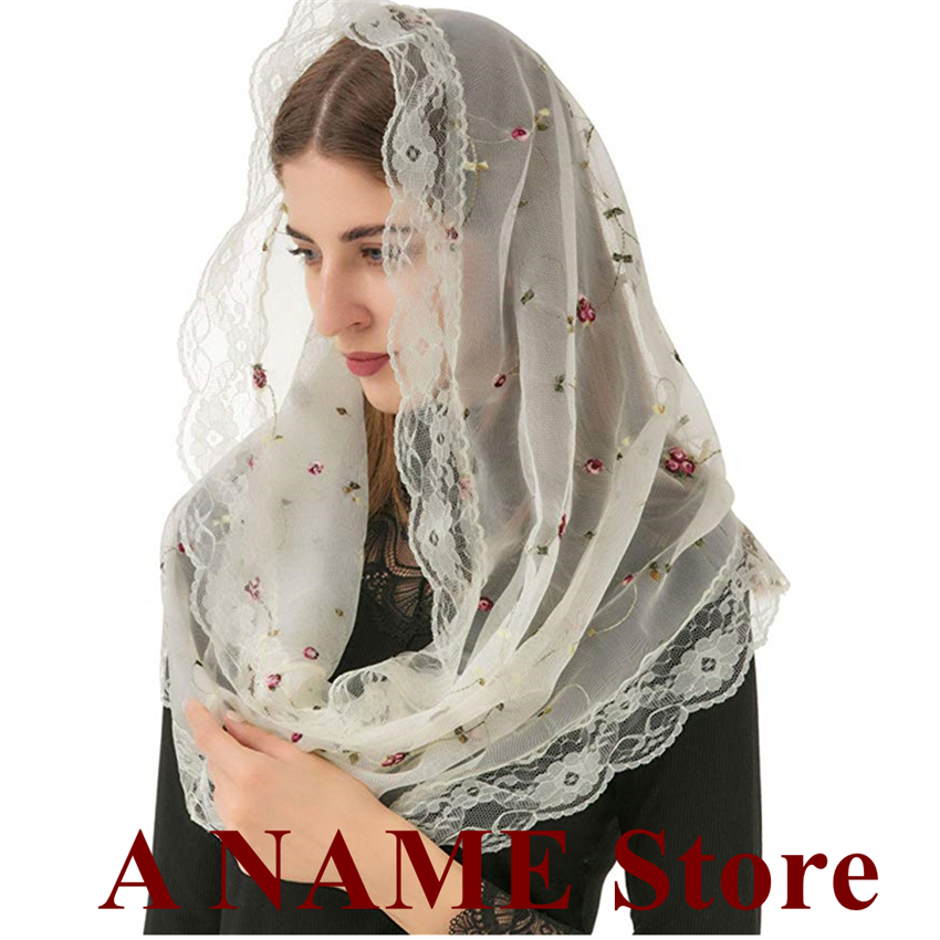 Mantilla – Voile gothique pour église, couvre-chef Rond, pour chapelle de masse latine, Voile noir, dentelle florale brodée