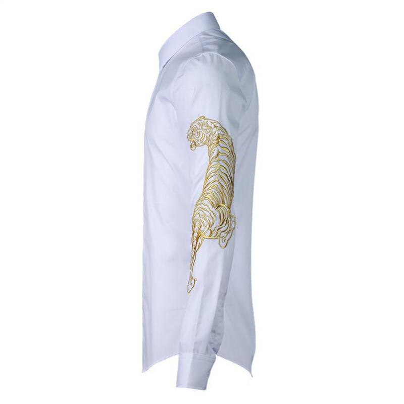 Tiger Luxury Embroidered Mens Dress Plus Size 4XL Hand-painted Long Sleeve 100% Cotton Shirts Man