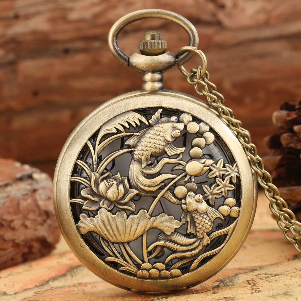 Bronze Pocket Watch Hollow Engraving Lotus Pond Carp Swimming Pendant Necklace Quartz Pocket Watch for Men Relógio De Bolso: P4696 fine chain