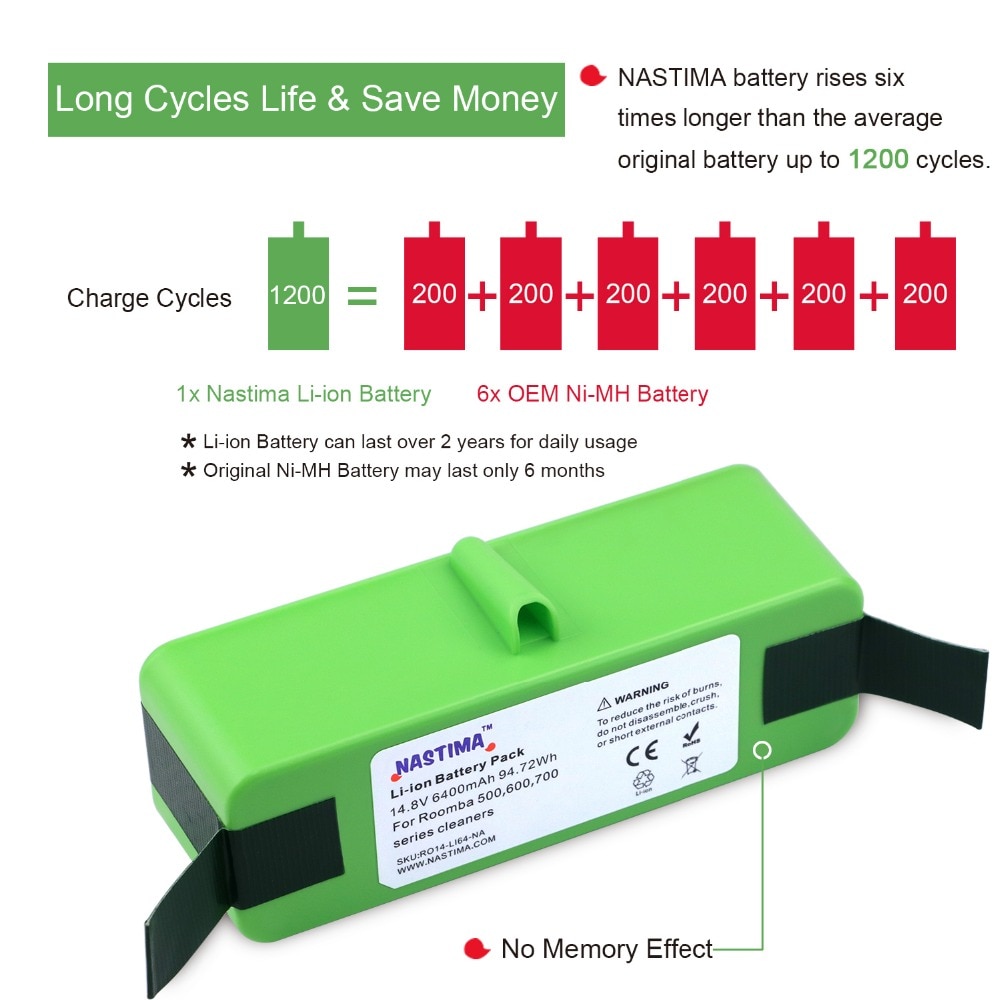 Nastima 14.8v 6400 mah /4400 mah lithium genopladeligt batteri til irobot roomba 500 600 700 800 series 560 620 650 700 770 780 880