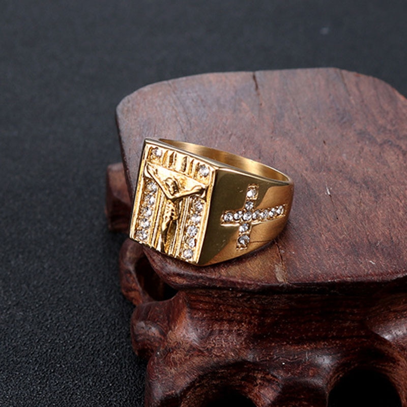 Cross Jesus Judgment Zircon signet-ring mens stainless steel rings gold jewelry for mens accesories punk