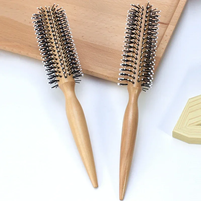 Mini cepillo redondo de nailon para hombres, peine para peinar el cabello rizado, peine rodante, cepillo redondo para cabello fino o corto con mango de madera