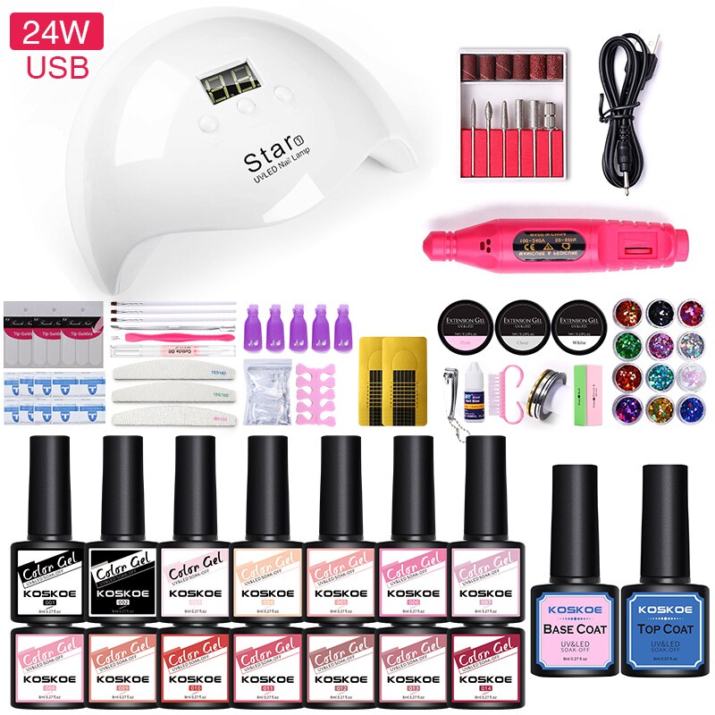 Koskoe neglesæt gel lak sæt kit 8/10/12/14/16 uv led farve gel negle lak kit med negle lampe negle kunst dekorations værktøj: 24w 14 farver sæt 4