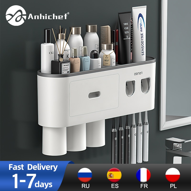 Bathroom Magnetic Adsorption Inverted Toothbrush Holder Wall -Automatic Toothpaste Squeezer Storage Rack Bathroom Accessories