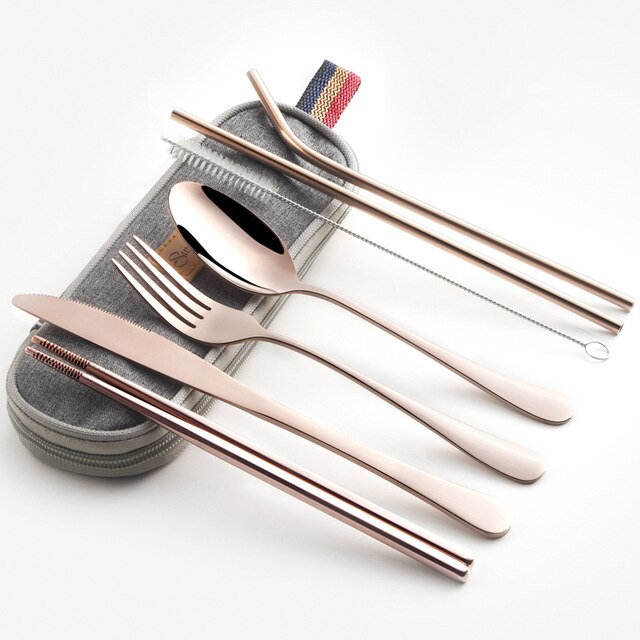 Serviesje Reizen Camping Bestek Set Herbruikbare Zilverwerk met Metalen Stro Lepel Vork Eetstokjes en Draagbare Case: Rose gold