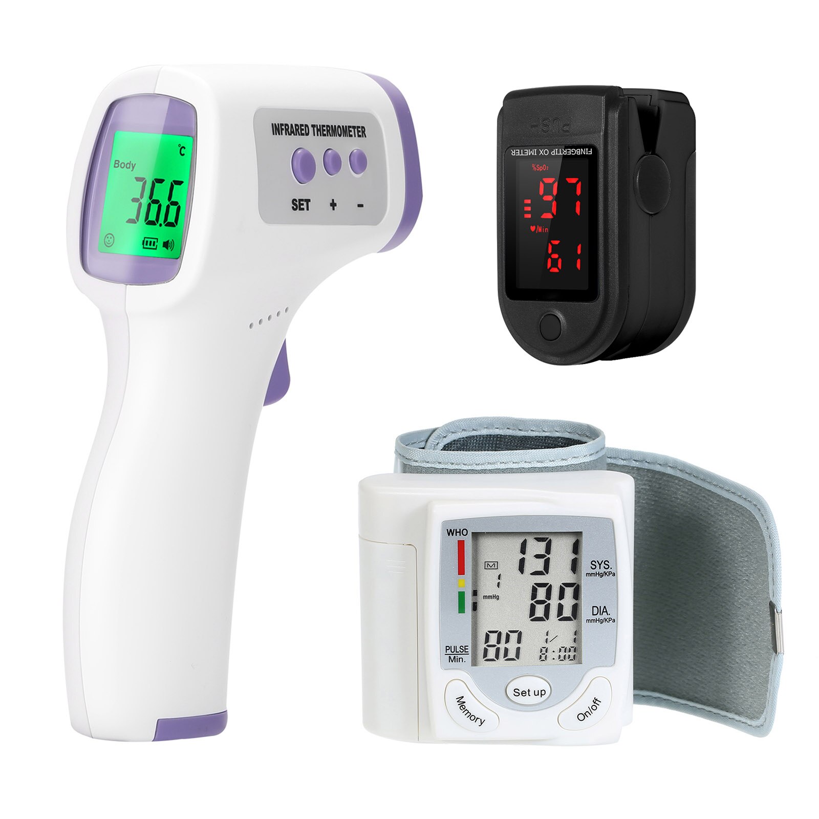 Wrist Blood Pressure Monitor LCD Display Tonometer + Finger Oximetry spo2 Finger Clip Heart Rate Monitor + Digital Thermometer: 02
