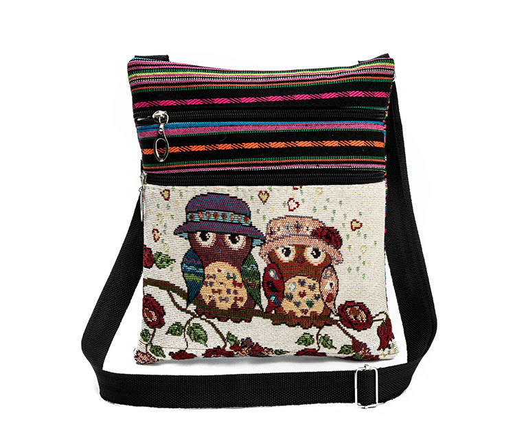 Vintage Frauen Kleine Taschen Cartoon Eule Druck Schulter Messenger Taschen Leinwand Nationalen Doppel-reißverschluss Mini Flap Bag Frau: C