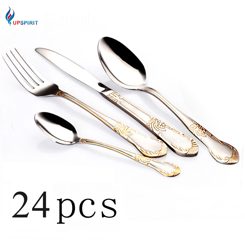 Upspirit 24pcs Gold Plated Cutlery Set Dinner Knives Fork Set Stainless Steel Novelty Flatware Dinnerware Tableware Dinner Set