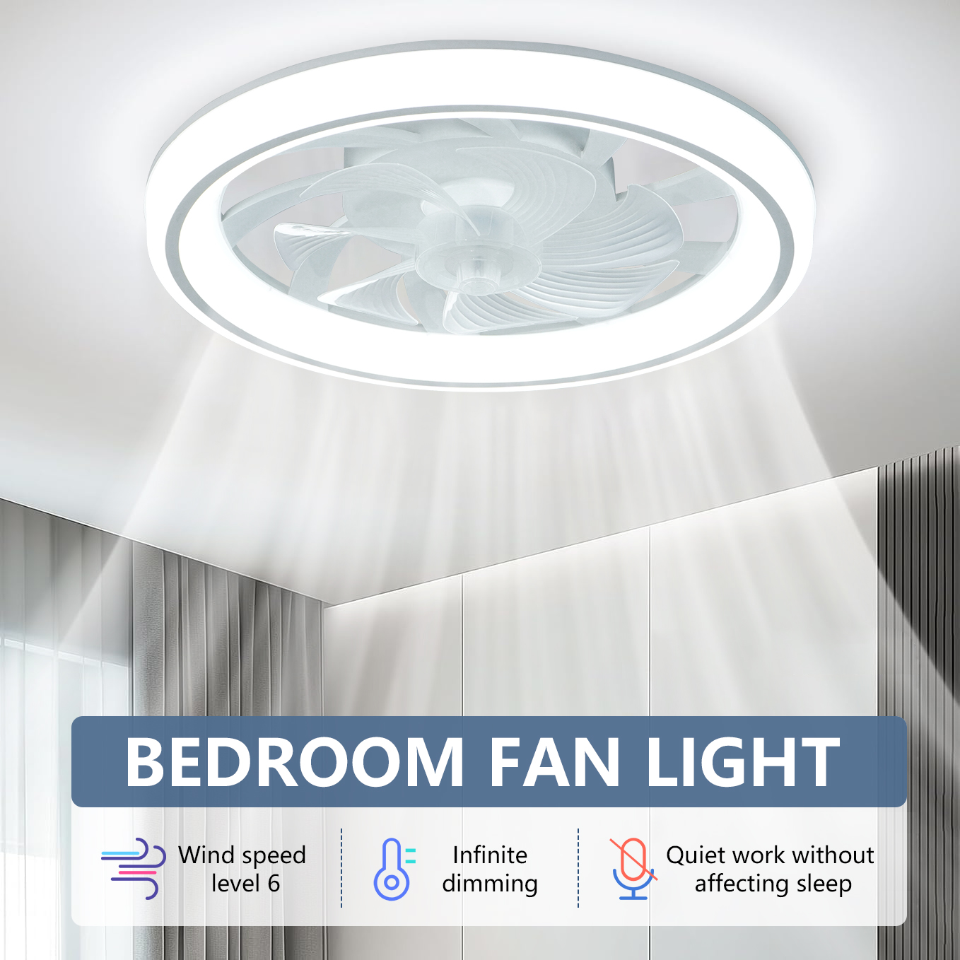 48cm Ceiling Fan Light, Thin Silent Ceiling Fan with Remote Control, Unlimited Dimming, 6-speed Adjustment, Bedroom Living Room