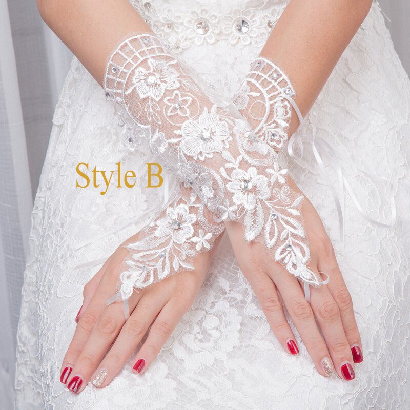 Guantes largos elegantes sin dedos para boda tul transparente perlas cristales Apliques de encaje guantes de mujer para novia: Style B