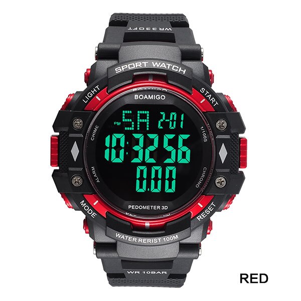 100m waterdichte heren sporthorloges, merk boamigo, stappenteller, calorieën, led, digitale horloges, zwemhorloges, herenhorloge: Rood