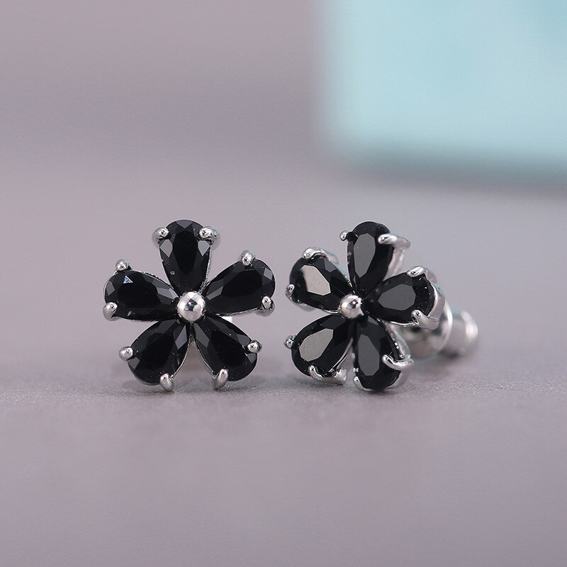 Moda simples flor zircão brincos para as mulheres orelha jóias feminino acessórios feminino doce colorido cristal brinco de casamento novo: black