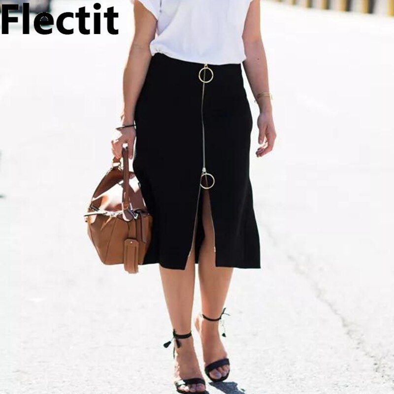 Flectit mujeres cremallera frontal Maxi falda lápiz con doble O-Ring bolsillo Bodycon faldas largas en negro Plus tamaño XXL *
