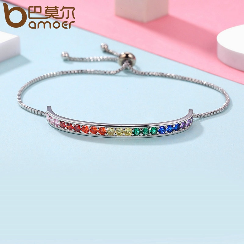 BAMOER Silver Color Rainbow Crystal Stamp Chain Link Bracelet Lace up Bracelets for Women Jewelry YIB036