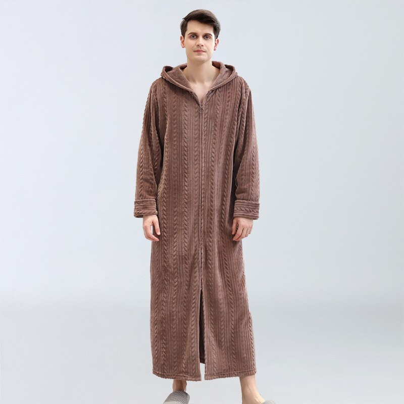 Hommes à capuche Robe hiver col châle polaire peignoir doux Spa Robe en peluche longue chaude peignoir pour hommes confortable pleine longueur chemise de nuit: Coffee / XL(Bust 138CM)