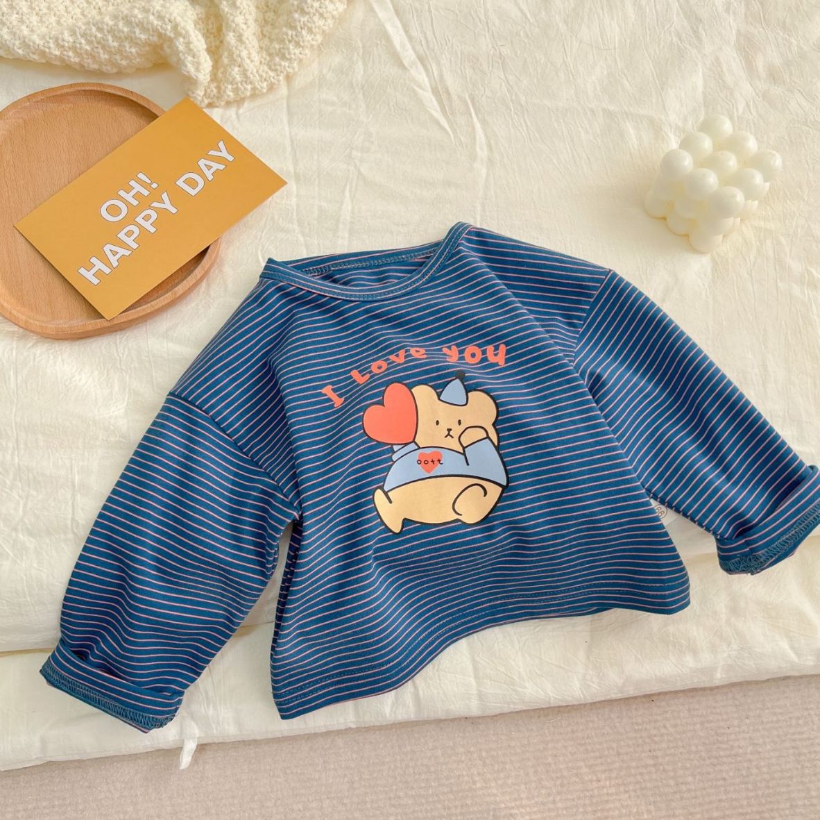 Frühling Herbst Baby lang Ärmel T Shirt niedlich Bär drucken T Hemden Pro Jungen Baumwolle Spitzen lose Kinder gestreift T Shirt Mädchen Tee: Blau / 24M  90cm