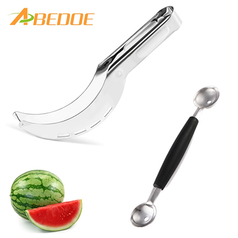 Abedoe Rvs Watermeloen Snijmachine Fruit Mes Cutter En Double-End Melon Scoop Voor Watermeloen Keuken Fruit Gereedschap Set