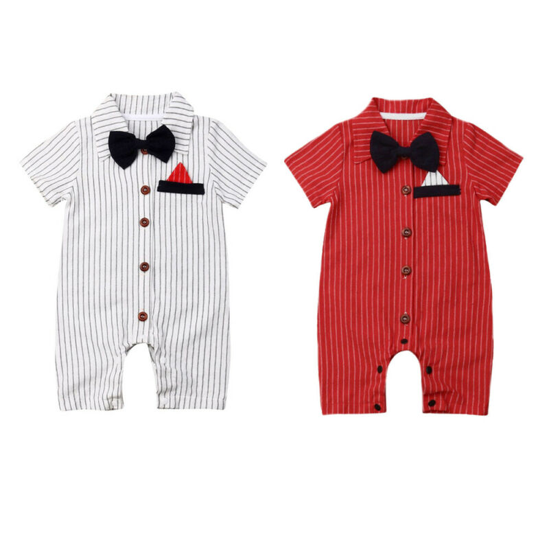 Pudcoco UNS Lager Neugeborenen Baby Jungen Formale Kleidung Party Bogen Strampler Kurzarm Striped Drehen-unten Kragen Overall Outfits set