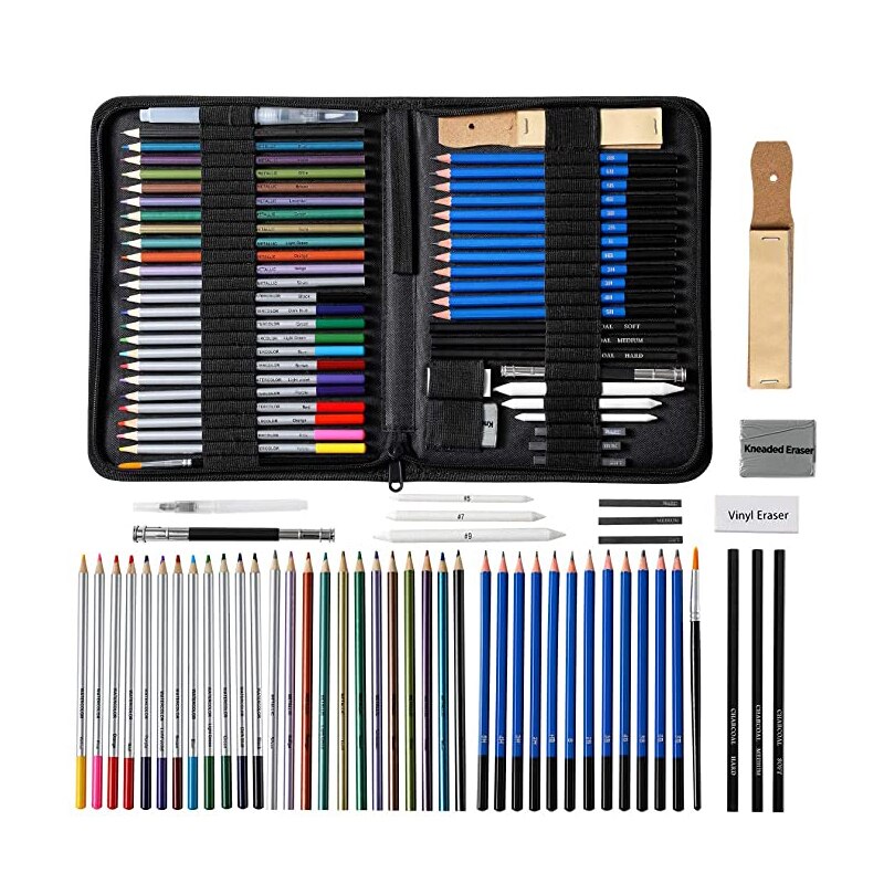 51Pcs/Set Sketch Pencils Set Drawing Sketching Kit Includes Graphite, Metallic Color, Water-Soluble Color Pencils Art Supplies