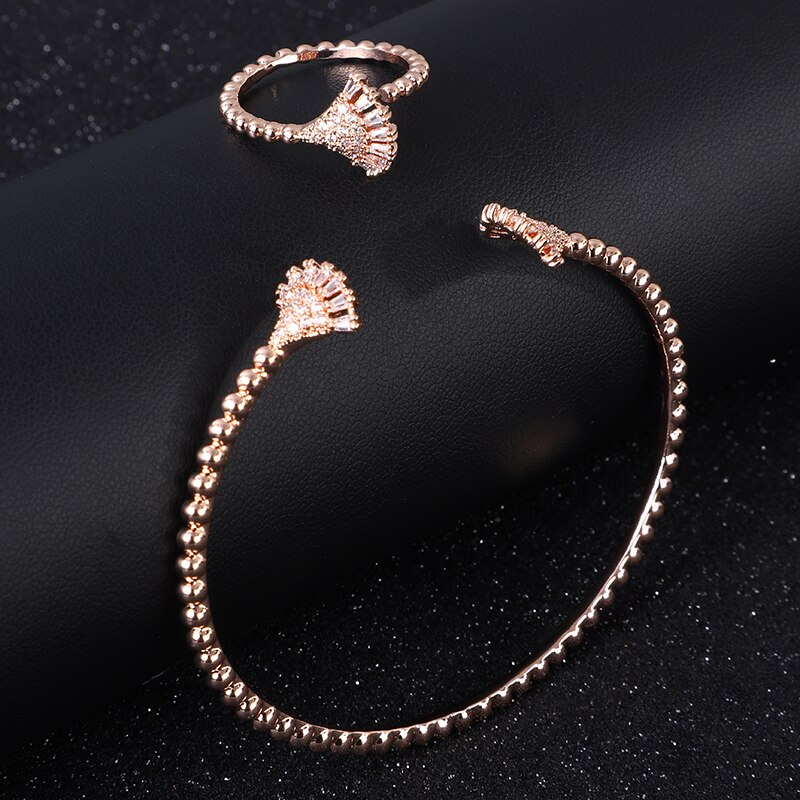 3 Sets/pakket Luxe Fan Vorm Saudi Arabië Bangle Ring Set Voor Vrouwen Micro Cubic Zirkoon Pave Party Bruiloft Dubai Sieraden