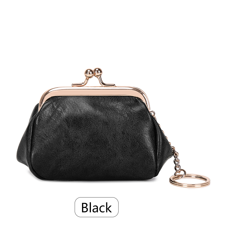 Mini bolsa de moedas retrô com clipe de bloqueio, bolsa de armazenamento portátil diária e fofa para meninas, bolsa de chave simples de cor sólida: Preto