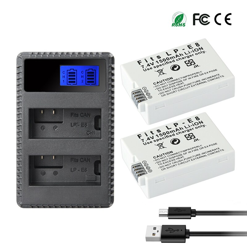 LP-E8 LP E8 Battery 1500mah For Canon EOS Rebel T3i T2i T4i T5i 600D 550D 650D 700D Kiss X5 X4 X6 X7 Batterie lp e8 Charger 8.4V: 1Charger 2Battery