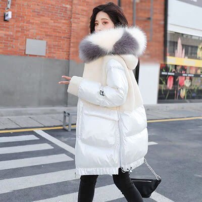Vinter stor pälskrage parkas jacka dam tjock varm jacka kappa långa vinterjackor plus size dam vadderad överrock: Beige / Xxxl