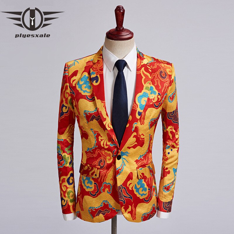 Plyesxale-Chaqueta informal de estilo chino para hombre, Blazer Rojo Dorado con estampado de dragón, para baile de graduación y escenario, Q474,