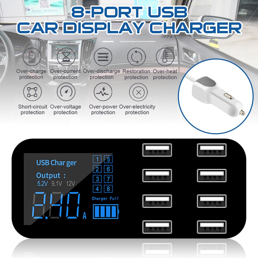 Durable Multi-Port USB Charger for Car 8-Port Car Lighter Charging Station Hub with LCD Display Quick