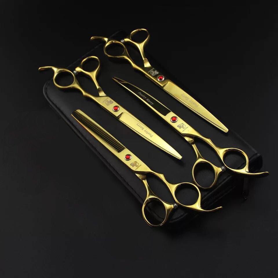 Japan 440C Pet Grooming Scissors Set 7 Inch Dog Shears Hair Cutting Thinning Curved Scissors: PK-704 gold