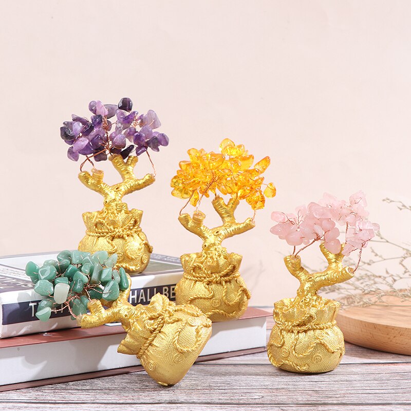 1Pcs Golden Crystal Lucky Schat Boom Gunstige Wishful Rijkdom Home Office Decoratie Standbeeld Kristal + Hars