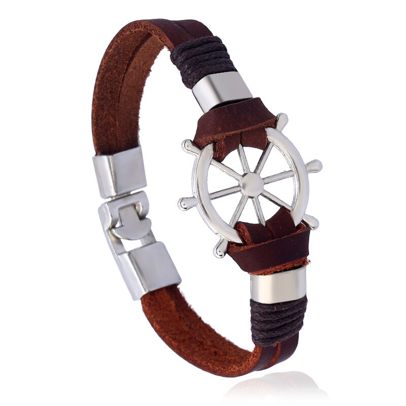 Vintage Lederen Armband Mannen Roer Multilayer Geweven Warp Knit Armband Pulseira Masculina