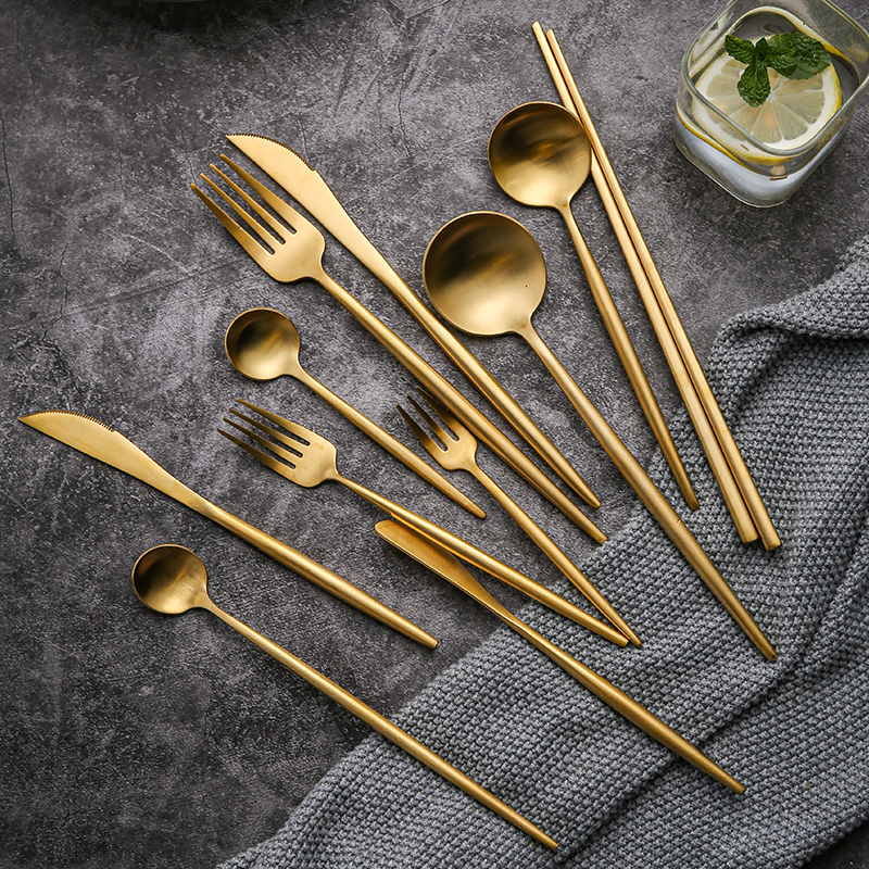 304 roestvrijstalen gouden besteksets, dinervork, mes, lepel, eetstokjes, serviesset, zilverwerk, servies