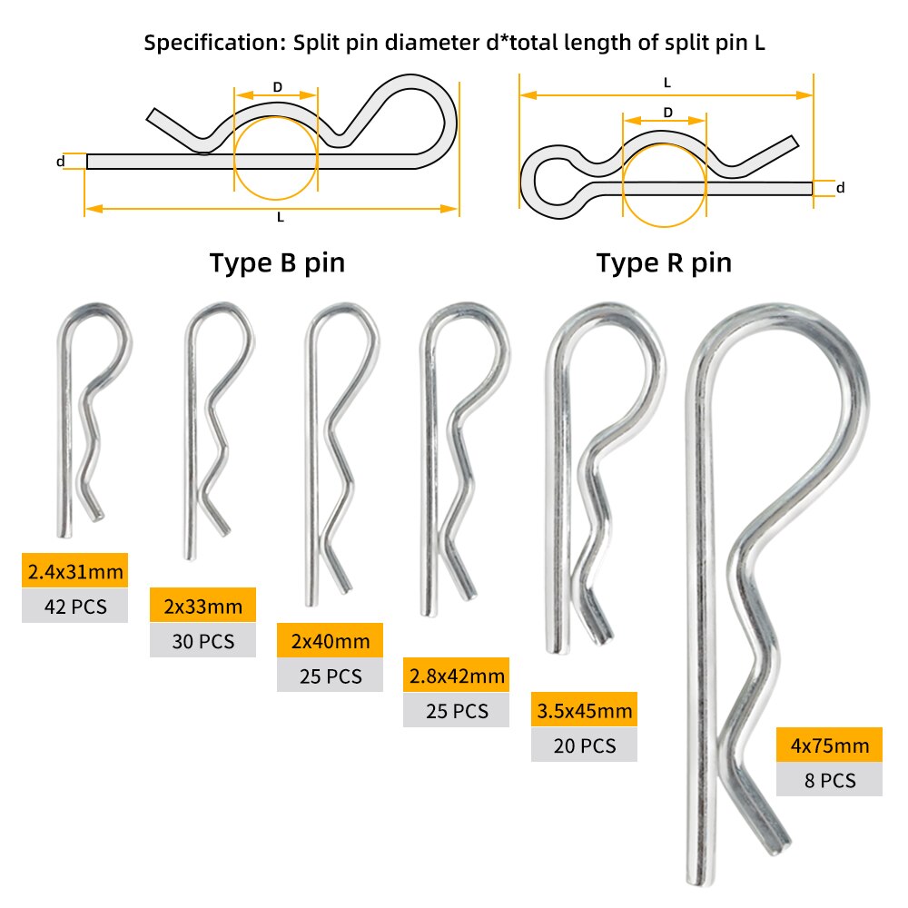 150pcs Carbon Steel Anti-rust Hair Pin Hitch Retaining R Clip Cotter Spring Pin M2 M2.4 M2.8 M3.5 M4
