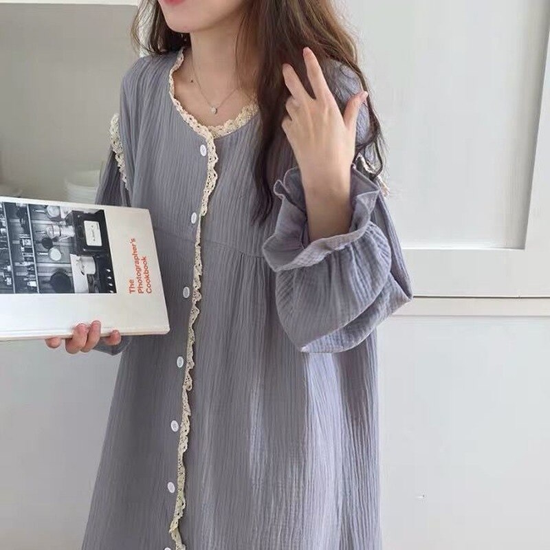 QWEEK Korean Night Dress Women Cotton Sleepwear Couple Home Suit Spring Autumn Pyjama Sets Lace Pijamas Long Sleeve Nightwear