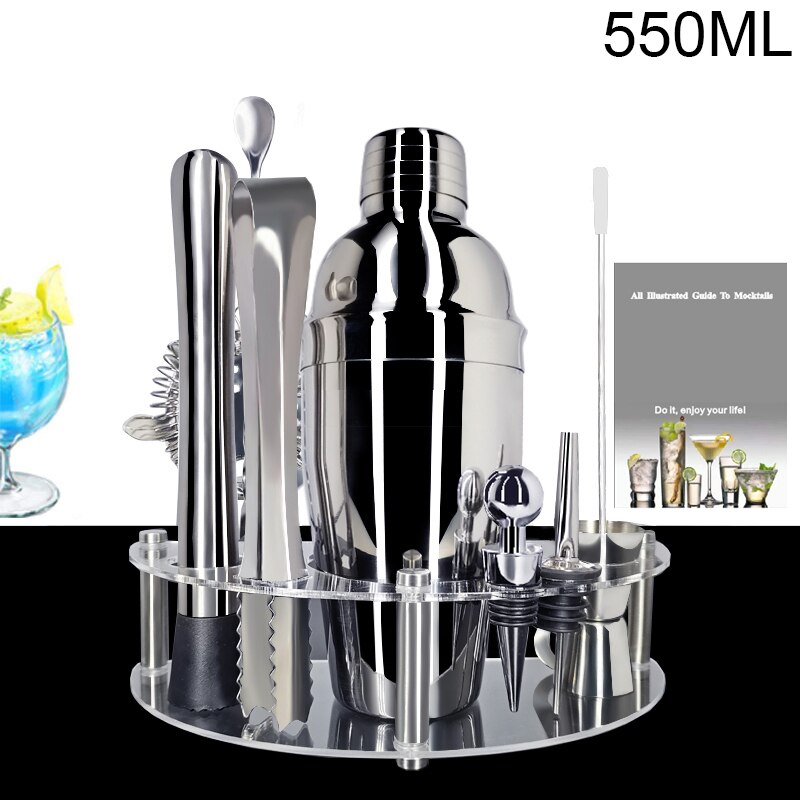450/600/750ml Stainless Steel Cocktail Shaker Set 1-12 Pieces Barware Kit Martini Shaker with Stand + Drink Recipe: 10Pc 550ml T-Rack