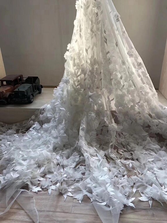 1 verftet fersken rosa 3d blondere stoff med 3d chiffong blomster, fransk haute couture, håndlaget kraftig blond stoff med blomster