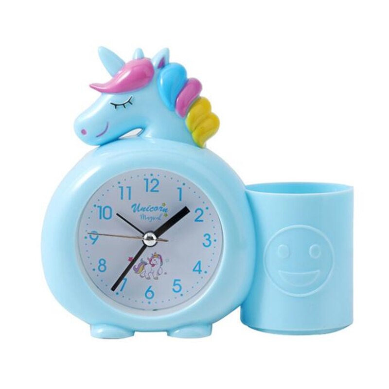 Eenhoorn Kids Wekker Leuke Bureau Klok Met Pennenhouder Brush Pot Home Decoratie Будильник Kids Brithday: Blue