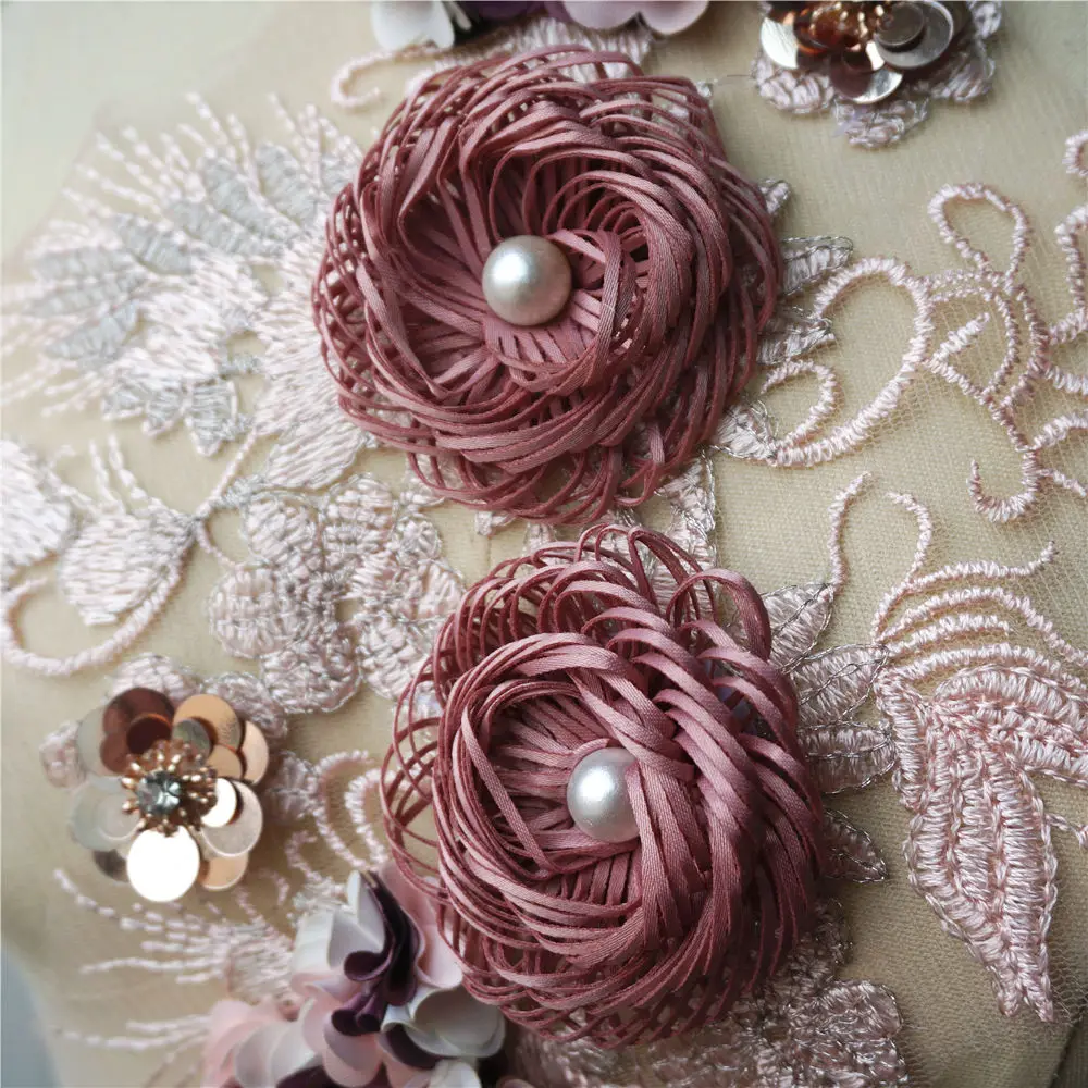 Rosa 3d flor tecido de renda contas lantejoulas bordado vestido de casamento apliques colarinho malha costurar remendos para vestido decoração diy