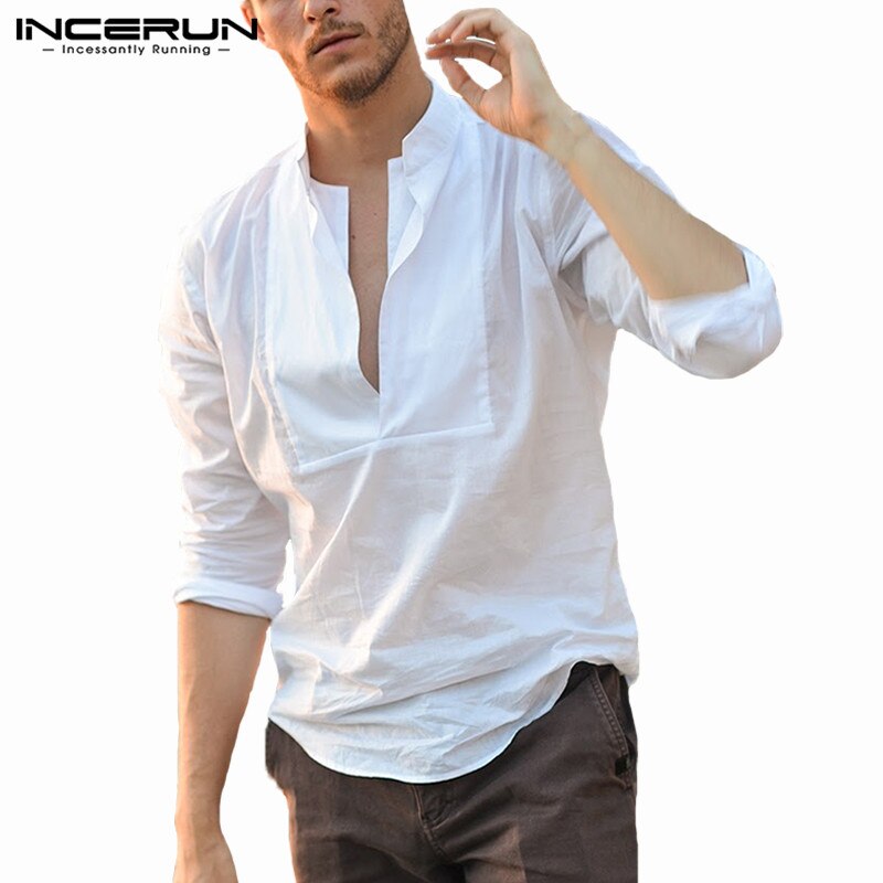 INCERUN Casual Shirt Men Long Sleeve V Neck Solid Color Slim Fit Male Shirt Streetwear Blouse Tops Camisa Plus Size