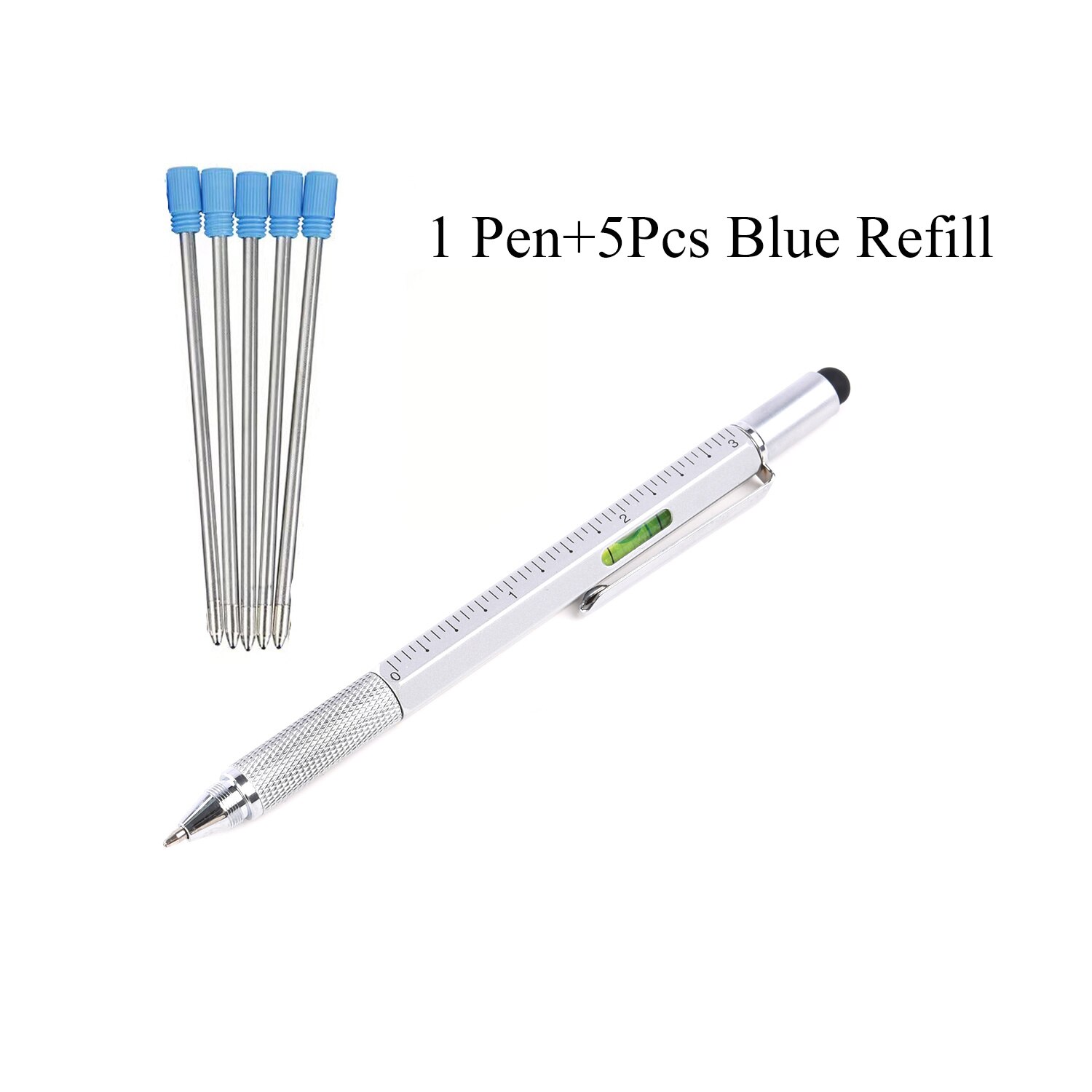 7 In1 Multifunction Handheld Screwdriver Tool Ballpoint Pen Measure Technical Ruler Screwdriver Touch Screen Stylus Spirit Level: White With 5PCS Blue