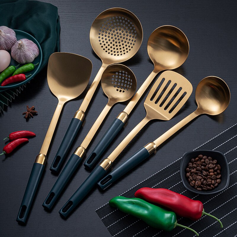 Gold Stainless Steel Kitchenware Set Nordic Luxury Kitchen Cooking Utensils Scoop Soup Spatula Ceramic Handle Non-stick Cookware: 6 pcs set