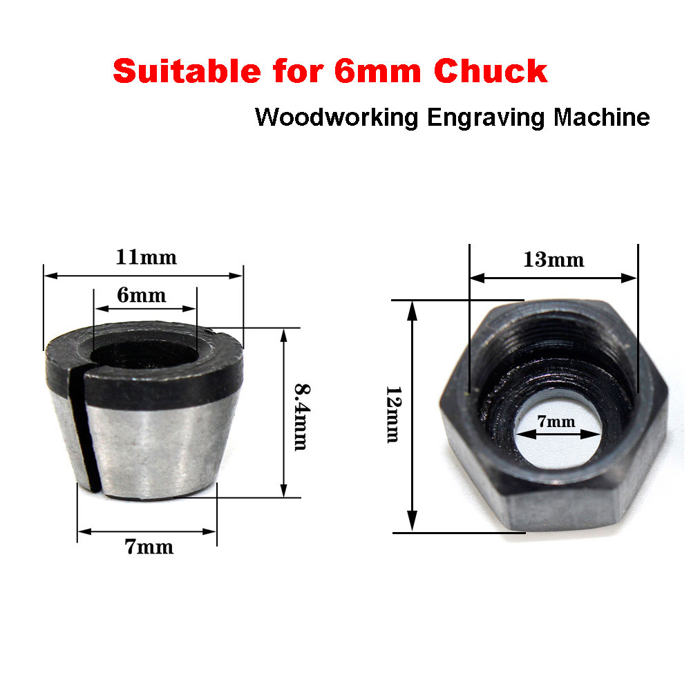 1/4 ''6mm 6.35mm 8mm haste fresa pinça mandril e porca para aparador elétrico de madeira roteador máquina de gravura: 6mm