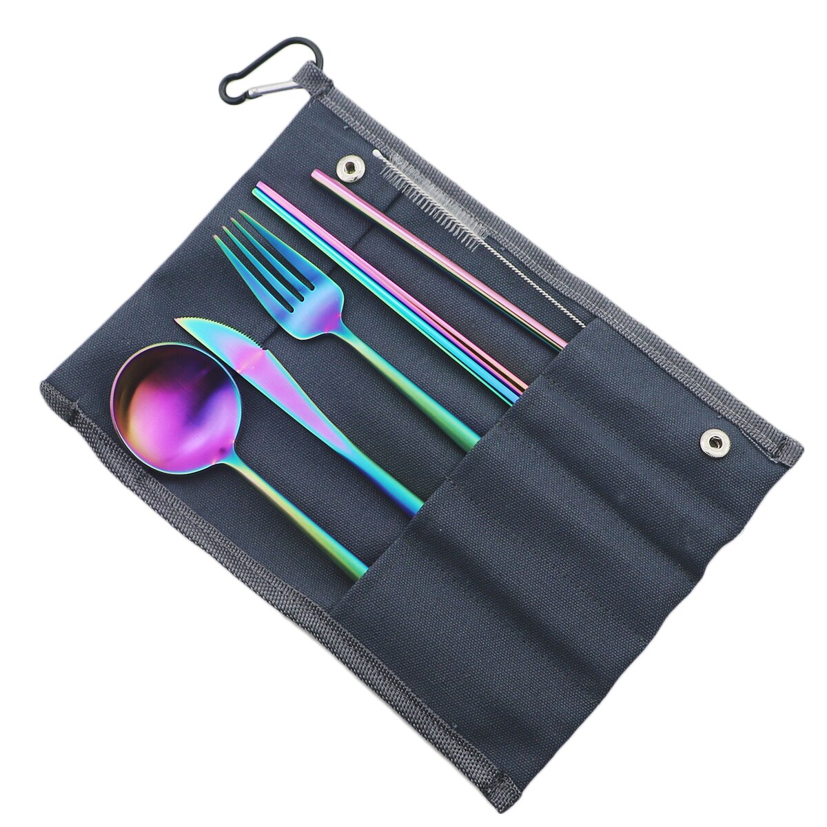Rainbow Knife Fork Spoon Chopsticks Straw Set Portable Flatware Metal Travel Storage Cutlery Set Picnics Offices BBQ Accessories: Blue A Bag Rainbow