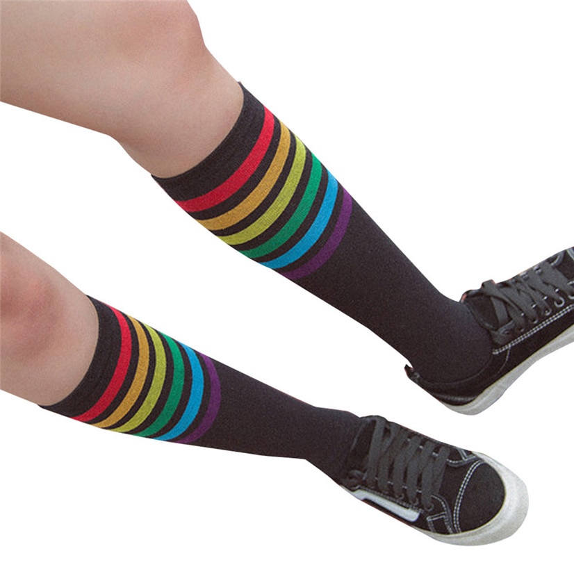 FishSunDay Hohe Socken Über Knie Regenbogen Streifen Mädchen FußBall Sport Socken Schwarz Weiß August16