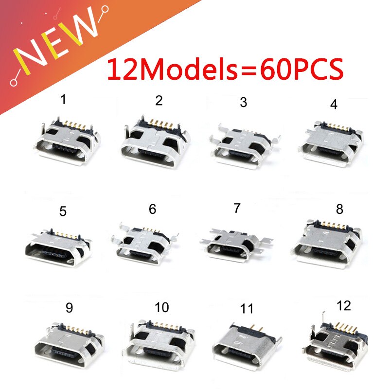60 Stuks = 12 Modellen Micro Usb Connector 5Pin Usb Jack Socket Vrouwelijke Voor MP3/4/5 Huawei Lenovo Zte en Andere Mobiele Tablete