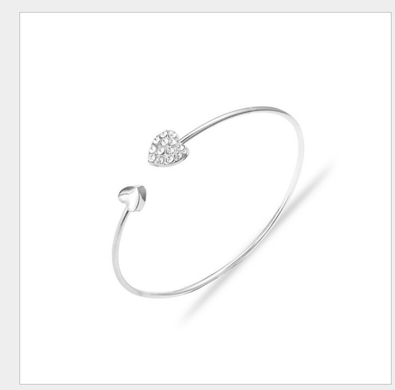 Bracelet réglable en cristal avec double cœur pour femme, bijou ajustable en forme de cœur, manchette ouverte, idéal: Silver