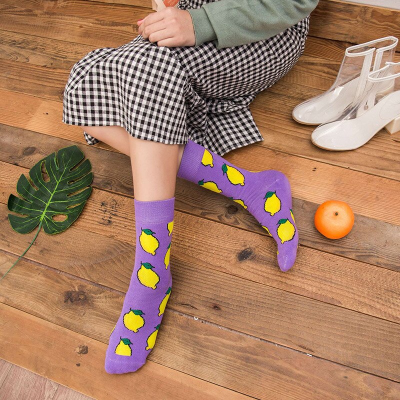 Frauen Socken Lustige Nette Karikatur Obst Banane Avocado Zitrone Ei Cookie Donuts essen Glücklich Japanischen Harajuku Skateboard Socken