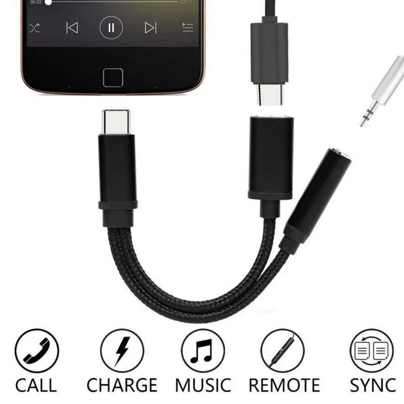 3.5 Mm Hoofdtelefoon Audio Jack Adapter 2-In-1 Usb Type-C Om 3.5 Mm Koptelefoon Adapters converter 1 Pc 3-In-1 USB-C Weven Adapter Kabel