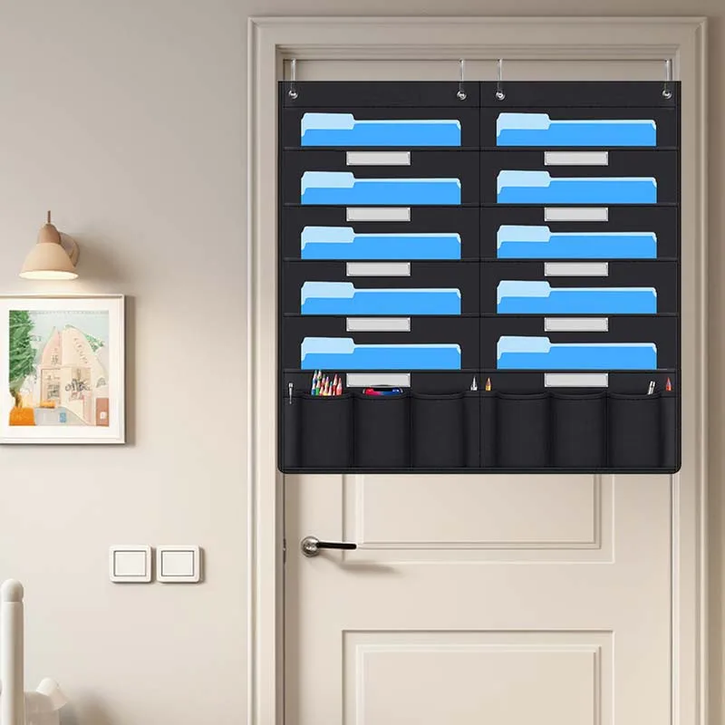 Black Hanging File Organizer with 20 Pocket Wall Storage Pocket Charts with 4 Hook for File Folders School Mailbox Office Papers